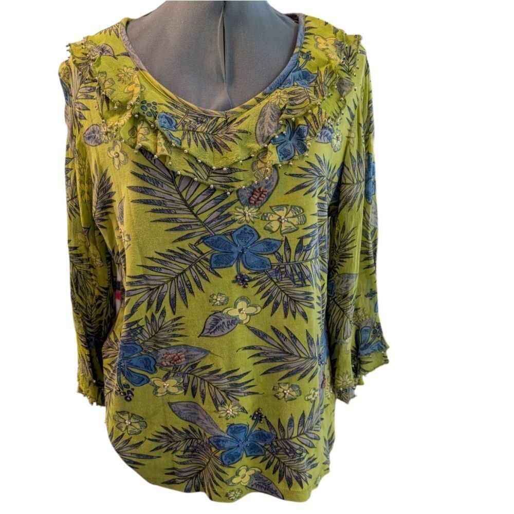 Multiples green floral print & beaded ruffle top women's‎ size large